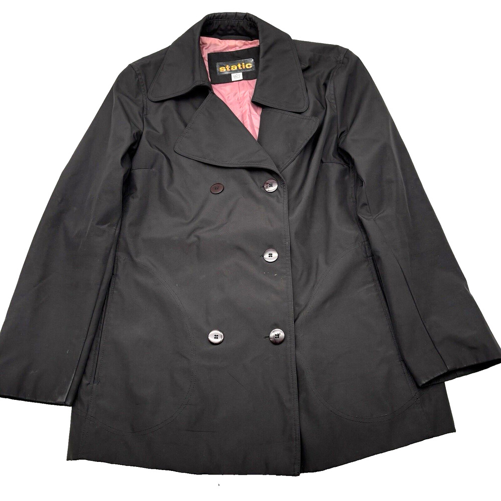 Vintage 90s Static Brand Black Polyester Nylon Double Breasted Pea Coat Size M